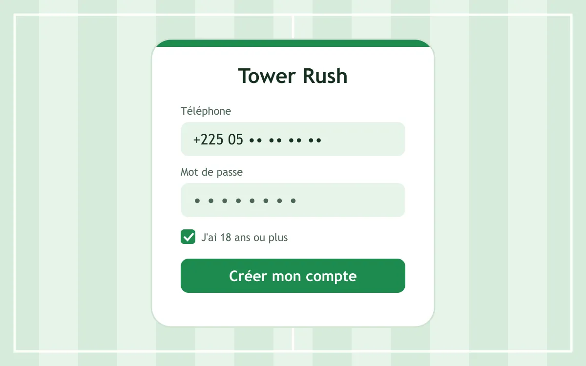 Formulaire d'inscription chez un opérateur pour jouer à Tower Rush en Côte d'Ivoire